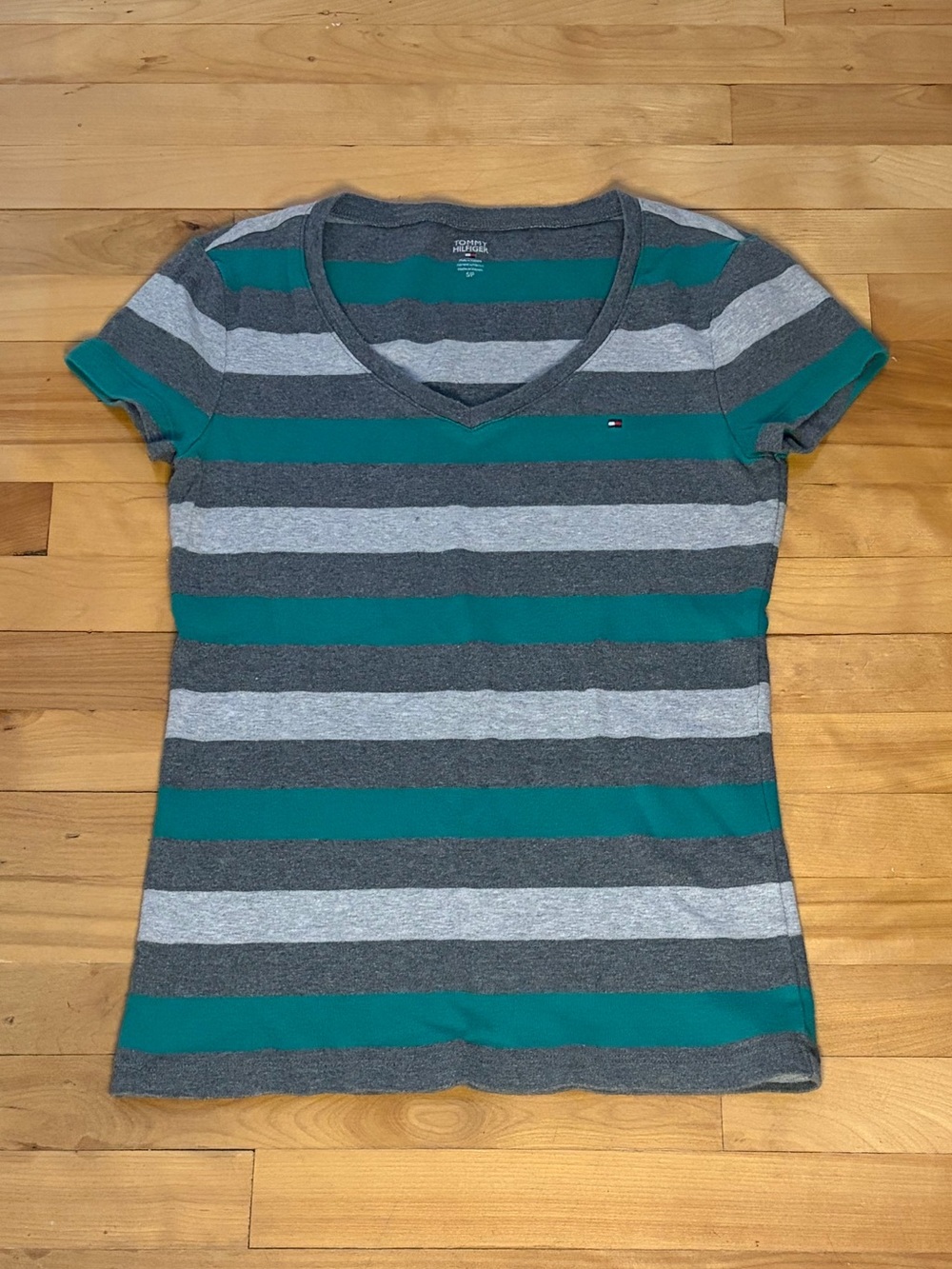 Tommy Hilfiger Teal and Gray Striped V-Neck Tee